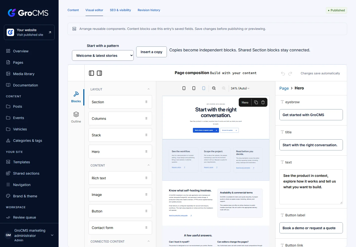 The actual GroCMS visual editor with a hero, grouped content and an editable field panel.
